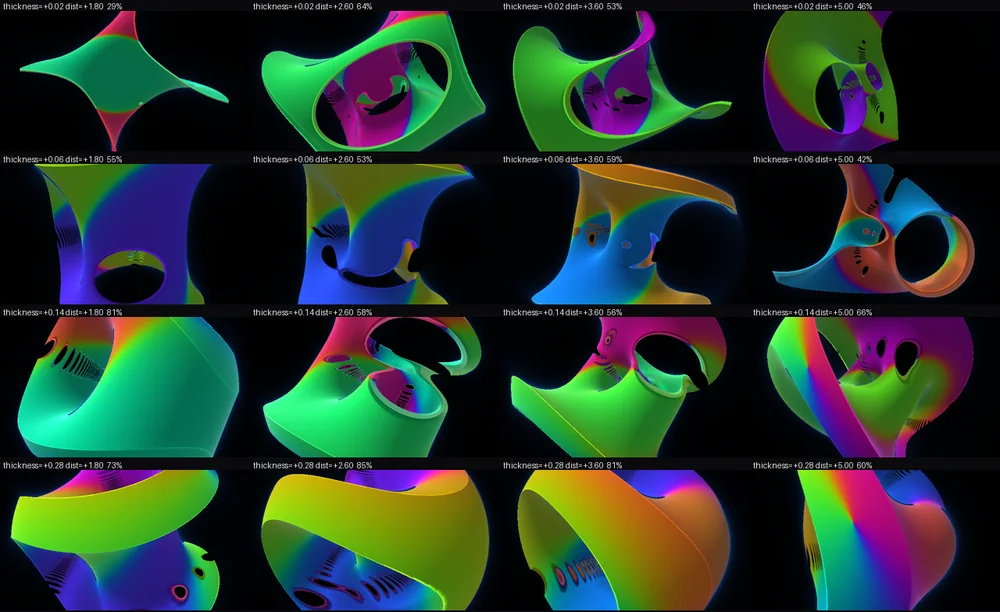 A grid of sixteen renders of the same Seifert surface, stepped across thickness and detail settings